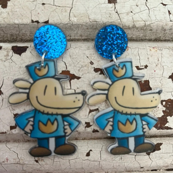 Brand new acrylic DogMan book inspired teacher librarian dangle earrings - Picture 2 of 4